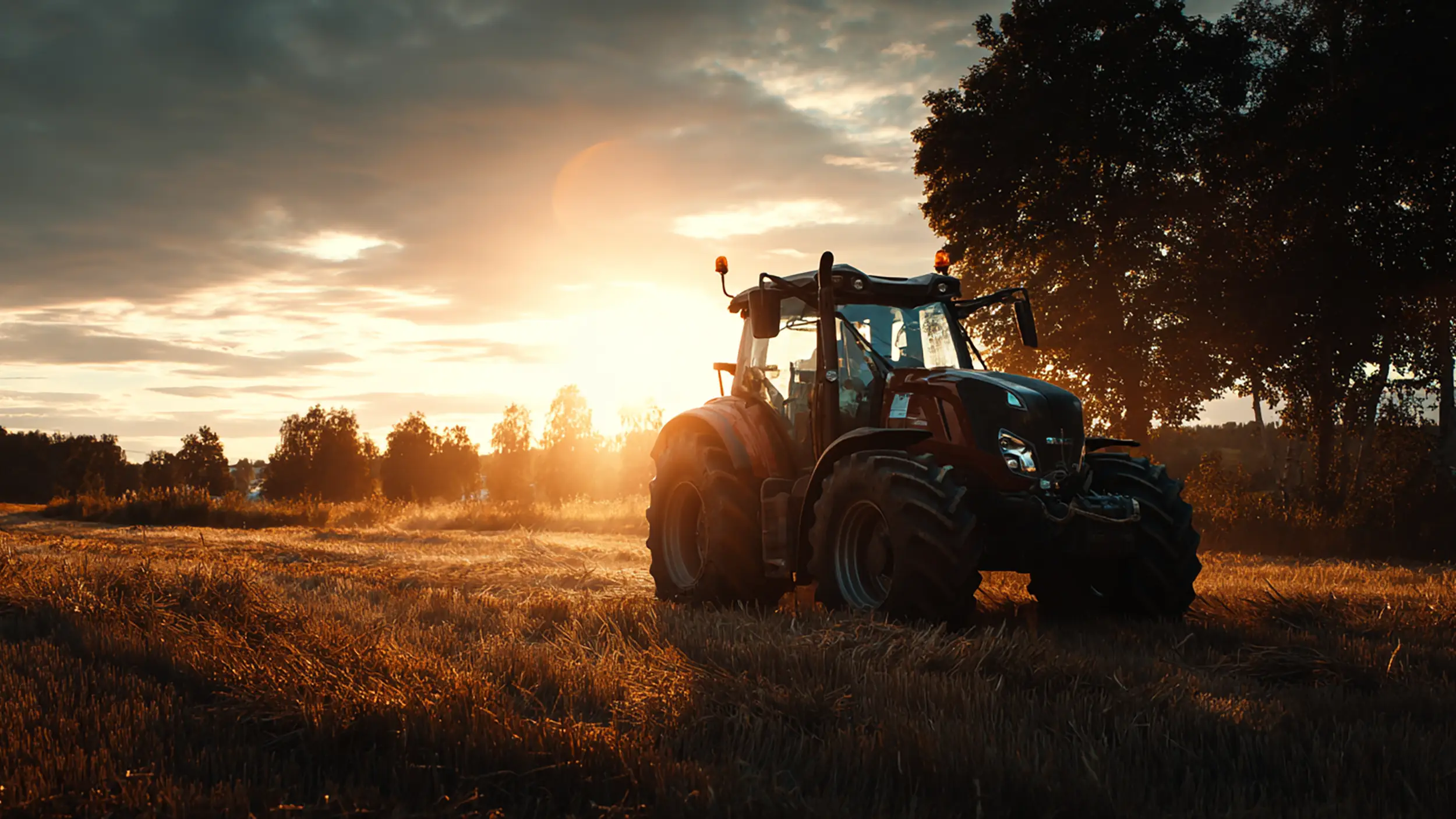 röd traktor på åker i solnedgång